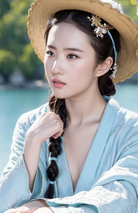 solo,illustration.media of a hanfugirl, hanfu,perfect skin, happy expressions,gorgeous,pure, (blue eyes:1.15),depth of field,( detailed fingers :1.2), cropped legs,standing ,
(beautifully detailed face and eyes), beautifully intricacy clothing decorative pattern details,braided bun, liuyifei,water,lake,
<lora:liuyifei_10:0.7> <lora:irene_V70:0.3>