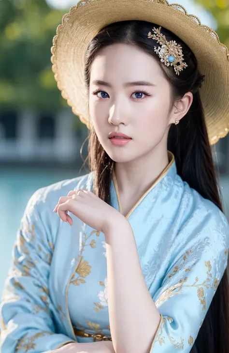solo,illustration.media of a hanfugirl, hanfu,perfect skin, happy expressions,gorgeous,pure, (blue eyes:1.15),depth of field,( detailed fingers :1.2), cropped legs,standing ,
(beautifully detailed face and eyes), beautifully intricacy clothing decorative pattern details,drill_hair, liuyifei,water,lake,
<lora:liuyifei_10:0.7> <lora:irene_V70:0.3>