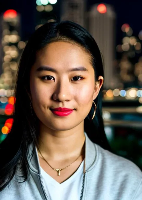 <lora:liuyifei_10:1>,RAW photo, a portrait photo of 25 y.o woman in casual clothes, night, city street, (high detailed skin:1.2), 8k uhd, dslr, soft lighting, high quality, film grain, Fujifilm XT3