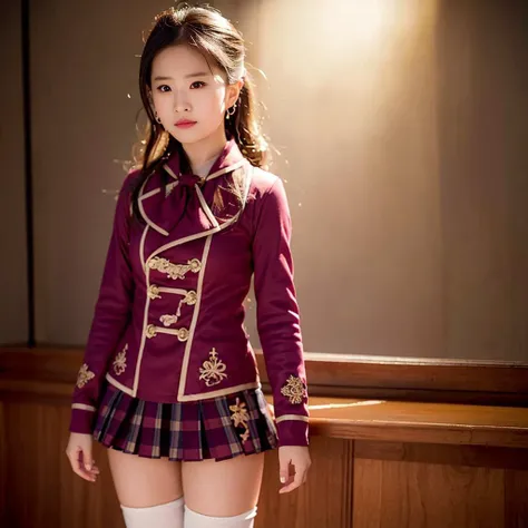 1girl, arms_at_sides, cowboy_shot, earrings, hair_ornament, jewelry, lips, long_hair, looking_at_viewer, plaid, plaid_skirt, pleated_skirt, realistic, skirt, solo, standing, thighhighs, white_legwear, zettai_ryouiki, Liu Yifei,low-angle-shot,1 girl, 2 legs,<lora:koreanDollLikeness_v10:0.2>, perfect hands, perfect face,full-length portrait,single thumb,Kawaii ,<lora:japaneseDollLikeness_v10:0.2>, <lora:liuyifei_10:1>,student,school uniform,classroom,Leg-to-body ratio,Zettai Ryouiki,
best quality, intricate details, chromatic aberration,(realistic, photo-realistic:1.37),physically-based rendering,radiosity,professional lighting, photon mapping
