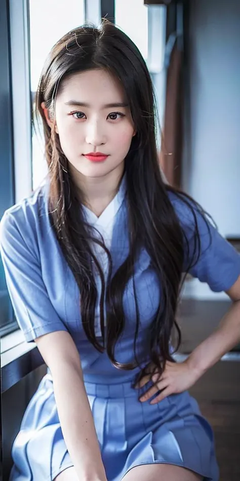 low-angle-shot,1 girl, 2 legs,<lora:koreanDollLikeness_v10:0.2>, perfect hands, perfect face,full-length portrait,single thumb,Kawaii ,<lora:japaneseDollLikeness_v10:0.2>, <lora:liuyifei_10:1>,student,school uniform,classroom,Leg-to-body ratio,Zettai Ryouiki,
best quality, intricate details, chromatic aberration,(realistic, photo-realistic:1.37),physically-based rendering,radiosity,professional lighting, photon mapping
