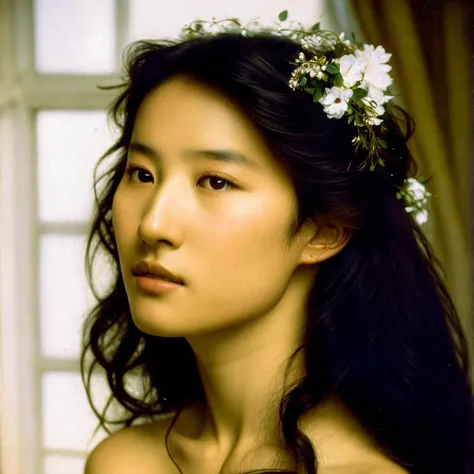 one nude asian girl 18 years old with slender body, young face, visible armpits, sideburns, messy hair, posing on bed with white sheets, full body photo, bright room, window, sunlight, white sunbeams, 4k, realistic, ultra detailed, detailed, masterpiece, highres, by Jeremy Lipking, by Antonio J Manzanedo, (by Alphonse Mucha:0.4) ((Ultra detailed)), (portrait)
 <lora:liuyifei_10:0.7>