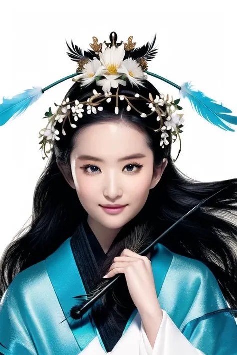 masterpiece, best quality,
a young girl dressed in flowers battle robe, with a turquoise scarf on head with black hair . She holds a feather fan in hand and black eyes are bright and piercing.