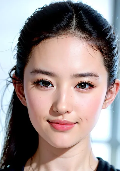 realistic, beautiful female, looking at viewer, office, parted lips:1:1, light_smile, shiny skin, skindentation, <lora:liuyifei_10:0.7>