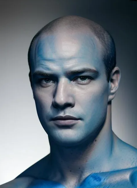 (<lora:MarlonBrando:1>) ,a Portrait photo of (mb1) bald man with ((blue skin)) Detailed face, (white eyes with no pupils), (totally white eyes) (doctor manhattan) (highly detailed skin:1.1), perfect body, wearing a ((speedo)), Modelshoot style, Professional Photography, soft lighting, PHOTOREALISTIC, Realistic, standing in a dark studio background, blurred background, volumetric fog,. RAW, analog style, sharp focus, 8k, HD, DSLR, high quality, Fujifilm XT3, film grain, award winning, masterpiece,