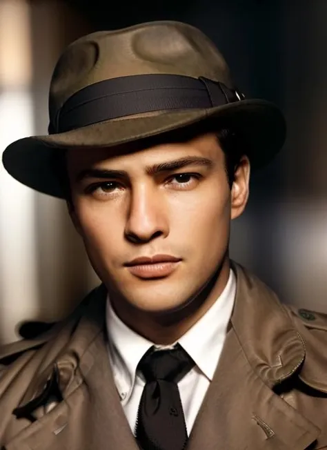 (<lora:MarlonBrando:1>) ,a close up Portrait photo of (mb1) man with short hair, Detailed face, (perfect eyes), (highly detailed skin:1.1), perfect body, wearing a ((Trench Coat, Fedora Hat, Necktie, Coffee Mug, Cryptic Expression)), Modelshoot style, Professional Photography, soft lighting, PHOTOREALISTIC, Realistic, standing in a dark studio background, blurred background, volumetric fog,. RAW, analog style, sharp focus, 8k, HD, DSLR, high quality, Fujifilm XT3, film grain, award winning, masterpiece,