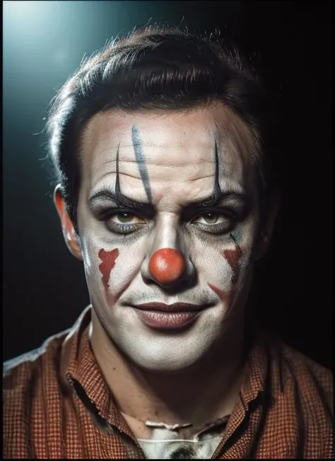 (<lora:MarlonBrando:1>) ,a close up Portrait photo of (mb1) man with short hair, Detailed face, (perfect eyes), (highly detailed skin:1.1), perfect body, wearing a ((Tattered Clown Costume, White Face Paint, Red Nose, Sinister Grin)), Modelshoot style, Professional Photography, soft lighting, PHOTOREALISTIC, Realistic, standing in a dark studio background, blurred background, volumetric fog,. RAW, analog style, sharp focus, 8k, HD, DSLR, high quality, Fujifilm XT3, film grain, award winning, masterpiece,