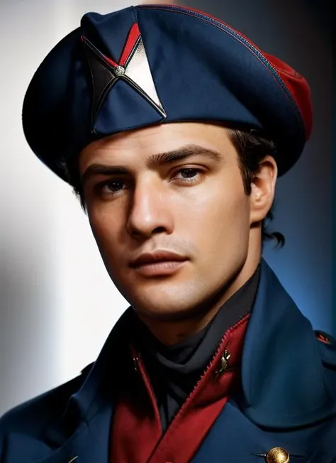 (<lora:MarlonBrando:1>) ,a Portrait photo of (mb1) man with short hair, Detailed face, (perfect eyes), (highly detailed skin:1.1), perfect body, wearing a ((French Revolutionary General: Blue coat with red trim and tricorn hat.
)), Modelshoot style, Professional Photography, soft lighting, PHOTOREALISTIC, Realistic, standing in a dark studio background, blurred background, volumetric fog,. RAW, analog style, sharp focus, 8k, HD, DSLR, high quality, Fujifilm XT3, film grain, award winning, masterpiece,