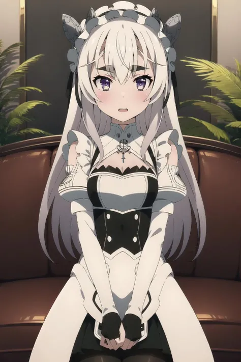 chaika, 1girl, dress, blush, coffin, clenched_hands, pantyhose, solo_focus, looking_at_viewer, long_sleeves, solo, plant, standing, couch, indoors, gloves, thick_eyebrows, open_mouth, 2girls, thighhighs, parted_lips, puffy_sleeves, potted_plant, black_gloves, tree, skirt, fingerless_gloves, ribbon, white_dress