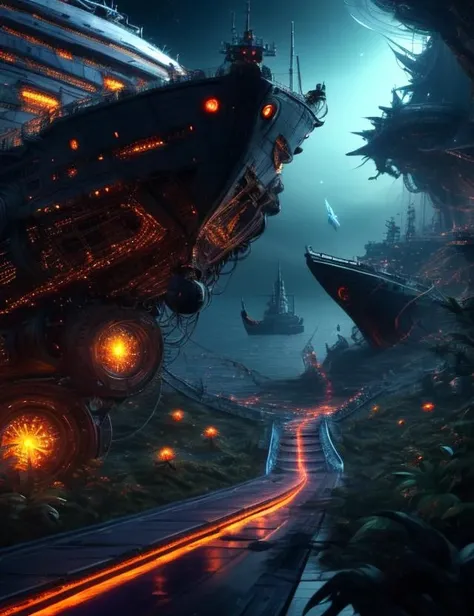 ((best quality)), ((masterpiece)), ((realistic,digital art)), (hyper detailed),DonMM4ch1n3W0rld Sea Ship (Adventures of Sonic the Hedgehog), Bifocal Windows, LED Tail Lights, Bug Deflector, Dragonbone, Glowing, Etched Details,, octane rendering, raytracing, volumetric lighting, Backlit,Rim Lighting, 8K, HDR, <lora:Machine_World_SD15_version-000009:1>
