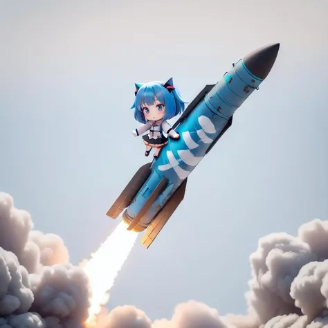 1girl, solo, looking at viewer, blush, smile, weapon, outdoors, detached sleeves, sky, shiny, cloud, cloudy sky, smoke, personification, flying, military vehicle, airplane, chibi, medium skirt, jet, missile, rocket, missile pod, <lora:ATACMS_v1:0.6>, upper_body, blue hair