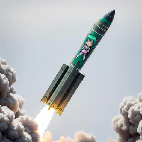 1girl, solo, looking at viewer, blush, smile, weapon, outdoors, detached sleeves, sky, shiny, cloud, cloudy sky, smoke, personification, flying, military vehicle, airplane, chibi, medium skirt, jet, missile, rocket, missile pod, <lora:ATACMS_v1:0.6>, upper_body, green hair