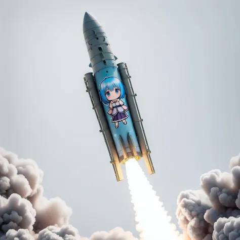 1girl, solo, looking at viewer, blush, smile, weapon, outdoors, detached sleeves, sky, shiny, cloud, cloudy sky, smoke, personification, flying, military vehicle, airplane, chibi, medium skirt, jet, missile, rocket, missile pod, <lora:ATACMS_v1:0.6>, upper_body, blue hair