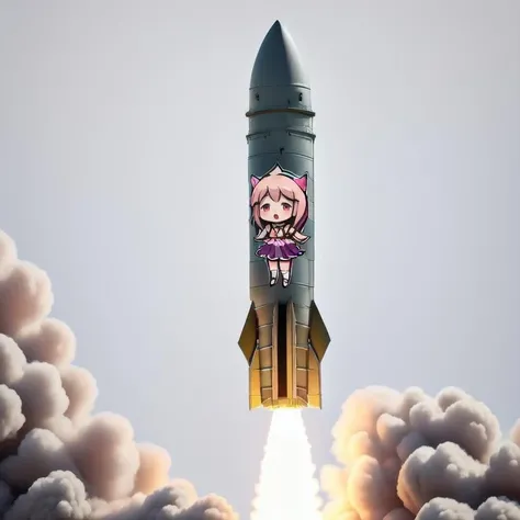 1girl, solo, looking at viewer, blush, smile, weapon, outdoors, detached sleeves, sky, shiny, cloud, cloudy sky, smoke, personification, flying, military vehicle, airplane, chibi, medium skirt, jet, missile, rocket, missile pod, <lora:ATACMS_v1:0.6>, upper_body