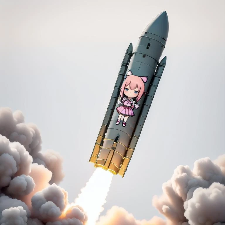 1girl, solo, looking at viewer, blush, smile, weapon, outdoors, detached sleeves, sky, shiny, cloud, cloudy sky, smoke, personification, flying, military vehicle, airplane, chibi, medium skirt, jet, missile, rocket, missile pod, <lora:ATACMS_v1:0.6>, upper_body