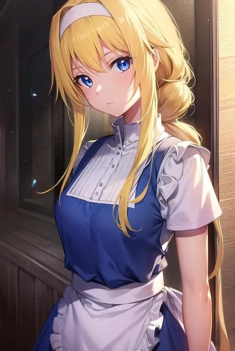 alicezuberg, <lyco:alicezuberg-lyco-nochekaiser:1>,
alice zuberg, bangs, blue eyes, blonde hair, hair between eyes, very long hair, braid, hairband, white hairband,
BREAK dress, bow, ribbon, short sleeves, frills, apron, puffy short sleeves, blue dress, brown footwear, knee boots, white bow, white apron, frilled apron,
BREAK outside, forest, nature, sun, sky,
BREAK looking at viewer, (cowboy shot:1.5),
BREAK <lyco:GoodHands-beta2:1>, (masterpiece:1.2), best quality, high resolution, unity 8k wallpaper, (illustration:0.8), (beautiful detailed eyes:1.6), extremely detailed face, perfect lighting, extremely detailed CG, (perfect hands, perfect anatomy),