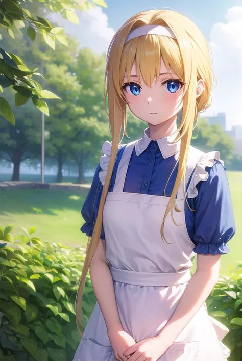 alicezuberg, <lyco:alicezuberg-lyco-nochekaiser:1>,
alice zuberg, bangs, blue eyes, blonde hair, hair between eyes, very long hair, braid, hairband, white hairband,
BREAK dress, bow, ribbon, short sleeves, frills, apron, puffy short sleeves, blue dress, brown footwear, knee boots, white bow, white apron, frilled apron,
BREAK outside, forest, nature, sun, sky,
BREAK looking at viewer, (cowboy shot:1.5),
BREAK <lyco:GoodHands-beta2:1>, (masterpiece:1.2), best quality, high resolution, unity 8k wallpaper, (illustration:0.8), (beautiful detailed eyes:1.6), extremely detailed face, perfect lighting, extremely detailed CG, (perfect hands, perfect anatomy),