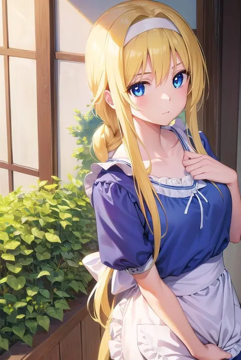 alicezuberg, <lyco:alicezuberg-lyco-nochekaiser:1>,
alice zuberg, bangs, blue eyes, blonde hair, hair between eyes, very long hair, braid, hairband, white hairband,
BREAK dress, bow, ribbon, short sleeves, frills, apron, puffy short sleeves, blue dress, brown footwear, knee boots, white bow, white apron, frilled apron,
BREAK outside, forest, nature, sun, sky,
BREAK looking at viewer, (cowboy shot:1.5),
BREAK <lyco:GoodHands-beta2:1>, (masterpiece:1.2), best quality, high resolution, unity 8k wallpaper, (illustration:0.8), (beautiful detailed eyes:1.6), extremely detailed face, perfect lighting, extremely detailed CG, (perfect hands, perfect anatomy),