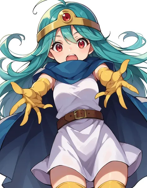 score_9, score_8_up, score_7_up, source_anime,
dqsage, <lora:dq-sage-ponyxl-lora-nochekaiser:1>,
sage, ahoge, aqua hair, red eyes, long hair,
belt, buckle, cape, capelet, circlet, cloak, dress, elbow gloves, gloves, scarf, short dress, sleeveless, sleeveless dress, thighhighs, yellow gloves,
indoors,
looking at viewer, dutch angle, cowboy shot,