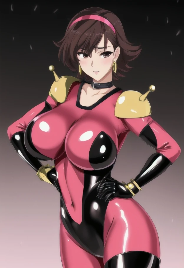 high quality, extremely detailed, perfect face, black background, <lora:RainMikamura:.8>, rain mikamura, short brown hair, black and pink latex bodysuit, shoulder armor, large breasts, hands on hips