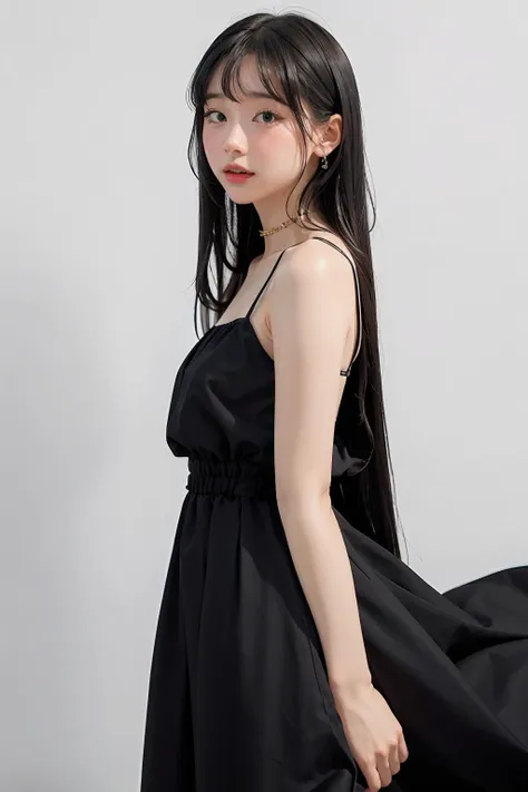 1girl,hair with bangs,black long dress,white background, <lora:waifumiia-02:1>