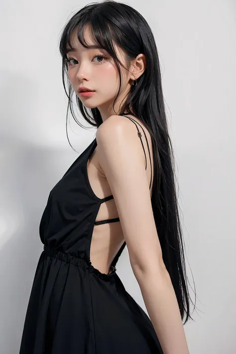 1girl,hair with bangs,black long dress,white background, <lora:waifumiia-02:1>