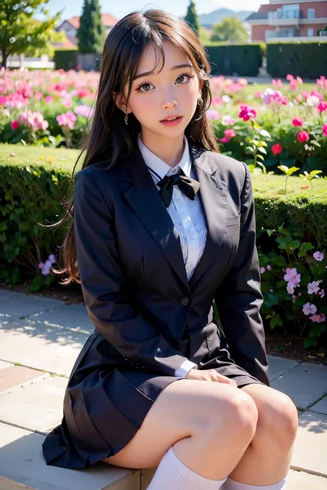 (masterpiece), best quality, expressive eyes, perfect face, 1girl, formal uniform, looking and turning to the viewer, polite majestic pose, flower garden background, <lora:waifumiia-02:1>