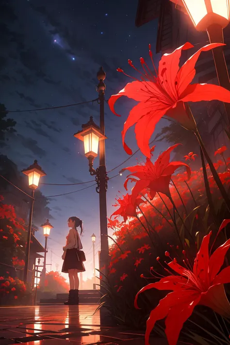 masterpiece, best quality, 1girl, red spider lily, starry sky, building, red flowers, scenery, red theme, lamppost <lora:spider_lily-000010:0.9>