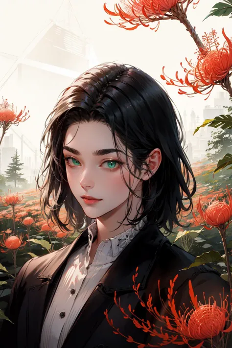 (best illustration,highres, ultra detailed,best art,masterpiece,:1.3), (1 male, solo, adult,32 years old, mature, aged up, tall muscular guy,perfect sexy male body,super hot as fuck, broad shoulders, handsome,sultry smile),wavy black hair, green eyes,charming eyes,cateyes,(angular jaw, thick neck, thick eyebrows,),spider lily,flower field, fantasy, extremely detailed face,<lora:handsome_male:0.7> <lora:cateyes_lora01:0.6> <lora:spider_lily:0.4>