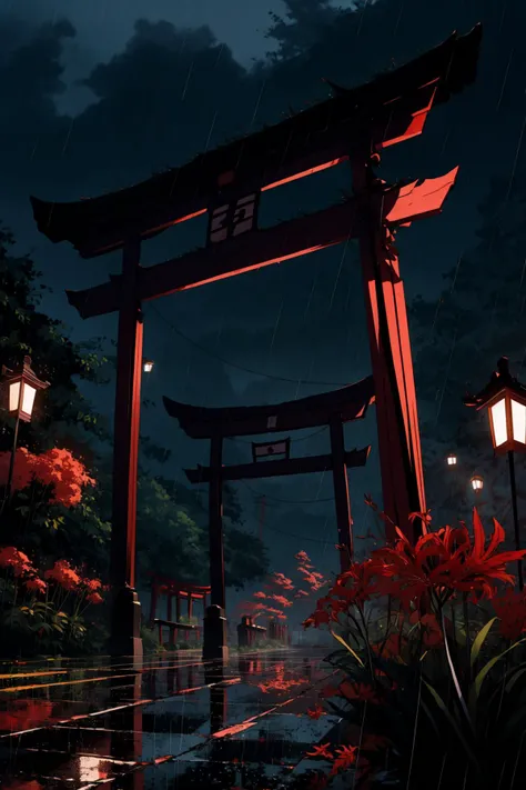 masterpiece, best quality, red spider lily, dof, rainy, torii, <lora:manjusaka:0.7> <lora:spider_lily-000010:0.7>