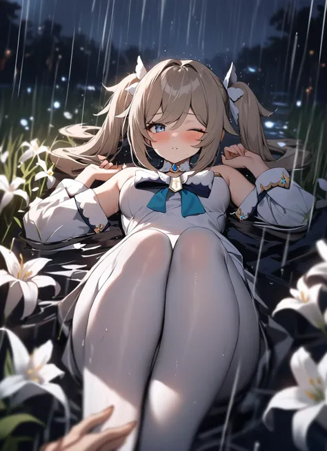 masterpiece, best quality, 1girl, (white flowers:1.2), blurry, field, (water:1.1), barbara \(genshin impact\) \(cosplay\), bare shoulder, rain, moonlight, looking at viewer, pov, on back, breasts, see-through, white pantyhose, blush, one eye closed, twintails, <lora:lily_style_xl:0.8>
