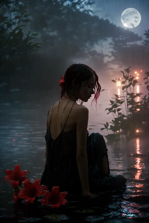 masterpiece, best quality, 1girl, red spider lily, (red flowers:1.2), blurry, field, (water:1.2), bare shoulder, rain, moonlight, closed eyes, pov, (on back:1.2), see-through, (wet:1.1), misty lake, realistic, <lora:spider_lily-000010:0.6> <lora:br_max-000014:0.7>