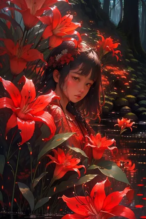 woman in a mythical forest, masterpiece, perfect face, intricate details, horror theme  <lora:spider_lily-000010:1>spider lily, red flowers, rain, sky, mountain, bar, red theme, water...