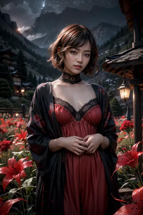 (realistic:1.3), finely detailed, quality, rembrandt lighting, (masterpiece:1.2), (photorealistic:1.2), (best quality), (detailed skin:1.3), (intricate details), dramatic, ray tracing, 1girl, japanese girl, 21 years old, detailed skin texture, (blush:0.5), (goosebumps:0.5), subsurface scattering, smiling, medium breasts, short hair curls, bangs, hair between eyes, dress, (night sky, red flower, spider lily, red theme, flower field, scenery), <lora:spider_lily:0.8>