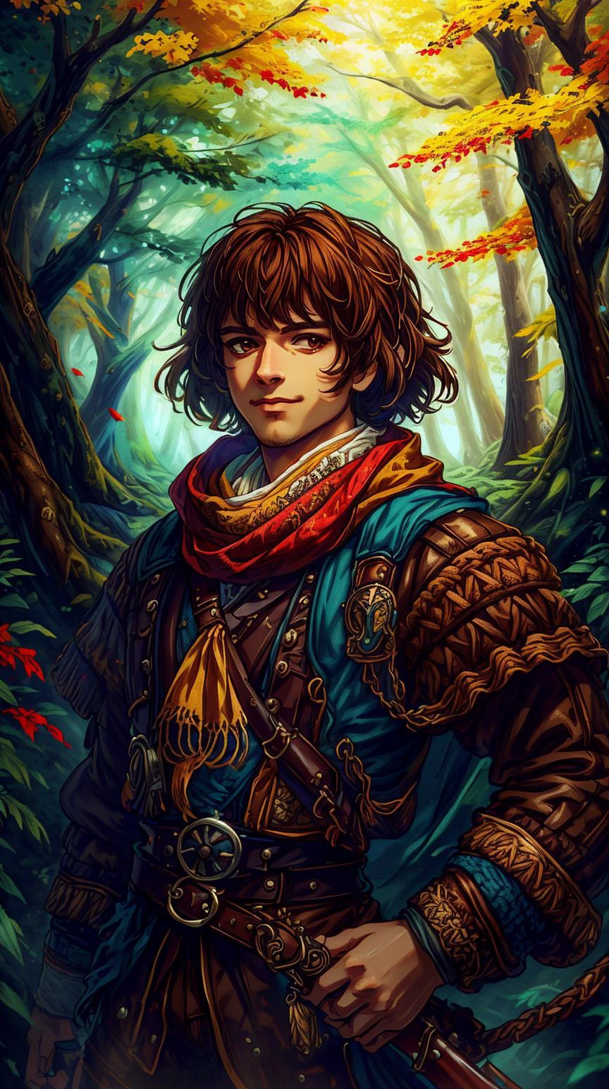 wocrochet solo, (full body:0.6), looking at viewer, detailed background, detailed face, (<lora:MusketPunkAI:0.6>, MusketPunkAI theme:1.1), trapper, trapmaker, smirk, brown leather clothing, belt, scarf, snare, lure, net, hunting knife, forest clearing background, fantasy frontier cinematic atmosphere, <lora:WorldofCrochet:1><lora:add_detail:0.5> <lora:LowRa:0.25>, (Masterpiece:1.3) (best quality:1.2) (high quality:1.1), dynamic,cinematic color grading,hires,80mm F1.9 lens,rim lighting,12k,fine details,hyper realistic,analog style,details