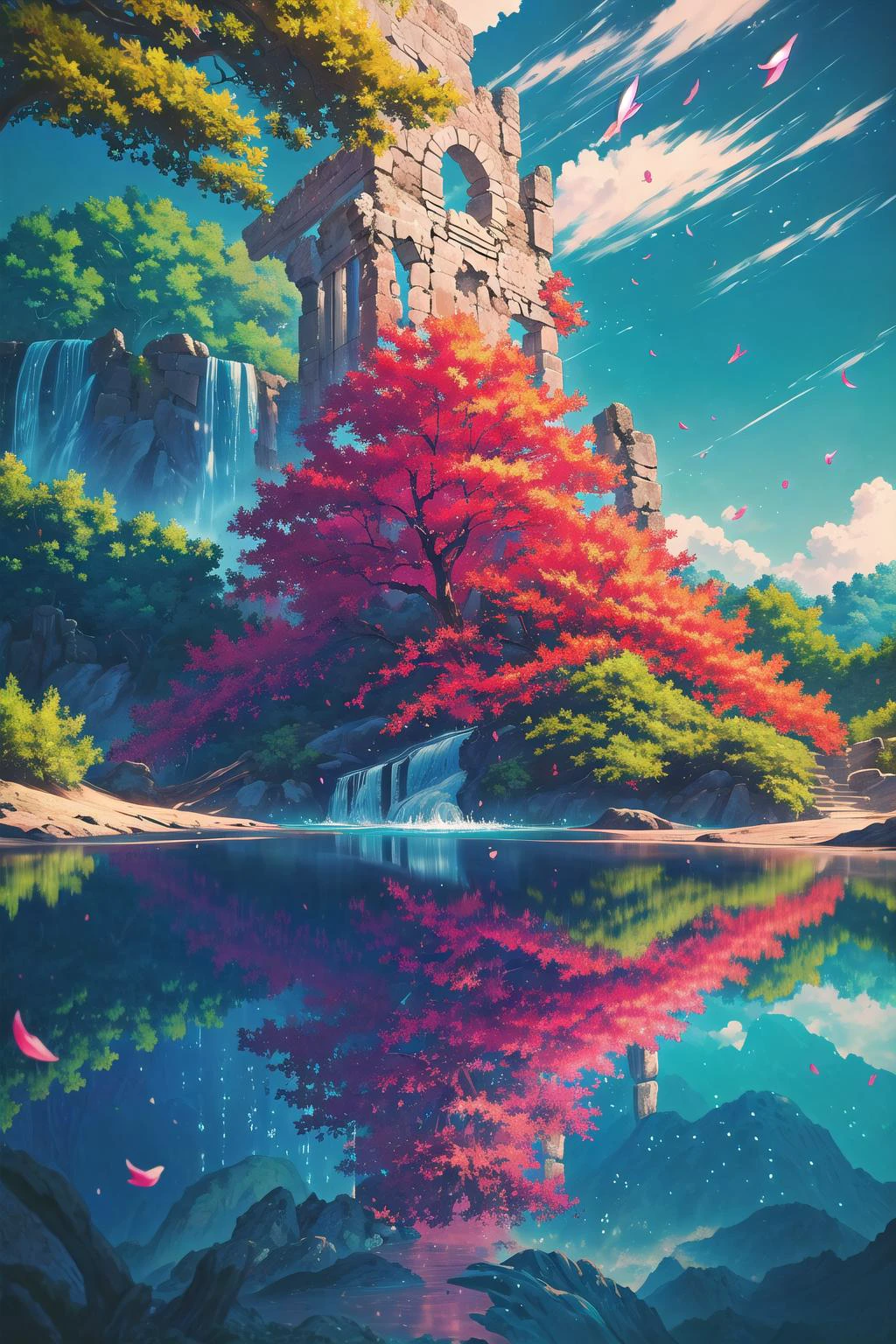 (Masterpiece, Best Quality:1.4), top quality, (8k resolution), cg unity wallpaper, hyperrealistic, digital illustration, official art, ancient ruins, Manga, (hyperdetailed), natural lighting, full background, beautiful, perfect, building, scenery, garden, surreal, isolated, water, ocean, floating particles, vivid, (fantasy:1.1), shimmer, shallow depth of field, perfect lighting, (day, outdoors:1.3), windy, flying petals, tree, waterfall, water, stream, (deep depth of field:1.5), dappled sunlight, (halation:0.8), paradise, (highres),FFIXBG,LODBG