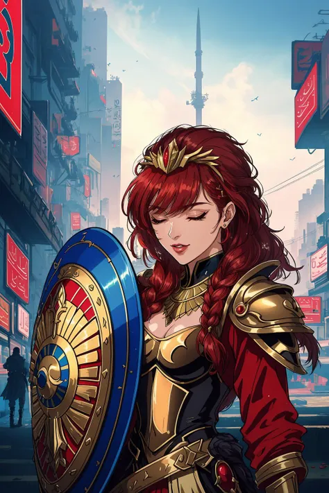 (high quality, best quality, sharp focus:1.2), (cyberpunk egypt, egyptian woman:1.1), (guard, wearing basic armor and shield:1.2), (half-closed_eyes:1), (red_hair, medium_hair, braided_hair:1), (fit body:1), (market:1.2), sexy, lewd, kinky, aroused, sexual, enticing, seductive, attractive, charming, alluring, enchanting, tempting, entrancing, enthralling, tantalizing, delightful, pleasant, appealing, (((ravishing))), (good-looking), ((elegant)), (((delightful))), (pleasing),