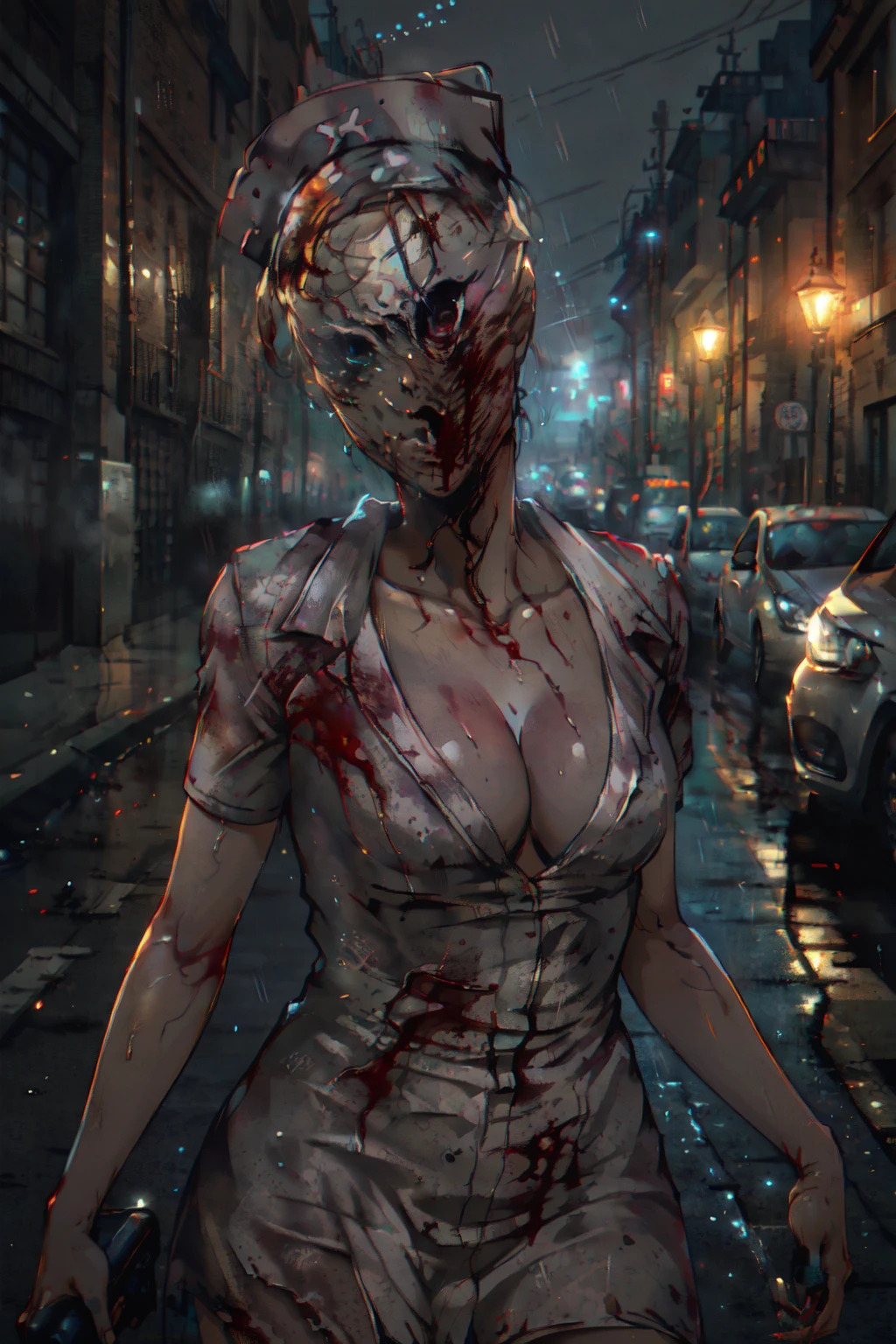 best quality, masterpiece, realistic, photorealistic,
<lora:SilentHillNurse:1> SilentHillNurse, 1girl, solo, hat, dress, cleavage, short sleeves, faceless female, blood, monster girl, faceless, nurse cap, nurse, blood on clothes, no eyes, horror \(theme\)
detailed background, in street, light, rain <lora:DarkIncursioStyle:1> night, \(dark environment\)