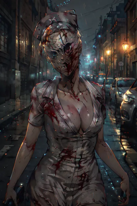 best quality, masterpiece, realistic, photorealistic, 
 <lora:SilentHillNurse:1> SilentHillNurse, 1girl, solo, hat, dress, cleavage, short sleeves, faceless female, blood, monster girl, faceless, nurse cap, nurse, blood on clothes, no eyes, horror \(theme\)
detailed background, in street, light, rain <lora:DarkIncursioStyle:1> night, \(dark environment\)