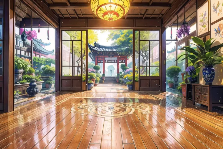 Immerse yourself in a (masterpiece, best quality, CGI:1.2) artwork that brings to life a fantastic vortex of colors in a vibrant magical realm, top quality, 8k, perfect lighting and composition, bloom, (gradients), rainbow, indoors, east asian architecture, reflective floor, wooden floor, human furniture, (intricate details:1.2), (glowing flora and fauna:1.2), creating a whimsical and enchanting atmosphere, (no humans:1.3), hatching (texture), courtyard in background, (blurry foreground:1.1), deep depth of field, floating particles