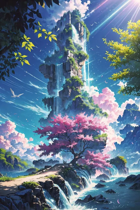 (Masterpiece,  Best Quality:1.4), top quality, (8k resolution), cg unity wallpaper, hyperrealistic, digital illustration, official art, ancient ruins, Manga, (hyperdetailed), natural lighting, full background, beautiful, perfect, building, scenery, garden, surreal, isolated, water, ocean, floating particles, vivid, (fantasy:1.1), shimmer, shallow depth of field, perfect lighting, bloom, (day, outdoors:1.3), atmoshere, blue sky, above the clouds, windy, flying petals, tree, waterfall, water, stream, (deep depth of field:1.5), dappled sunlight, (halation:0.8), paradise, (highres),FFIXBG,LODBG