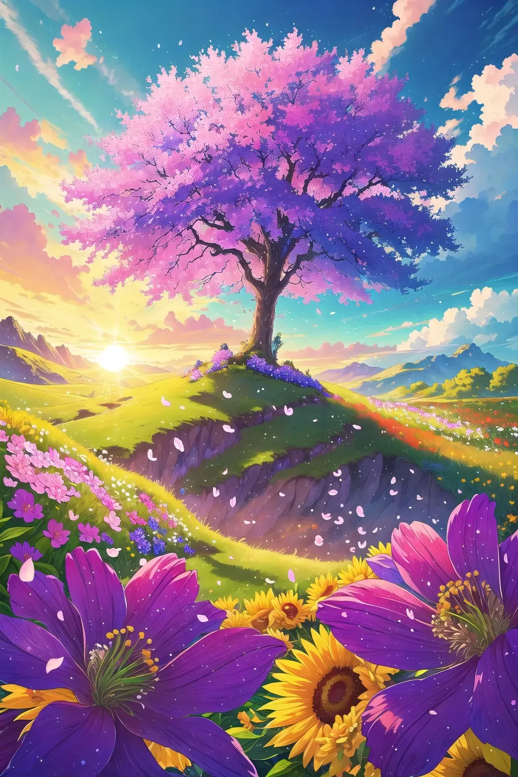 (Masterpiece, Best Quality), highres, (8k resolution), digital illustration, official art, Manga, (Ultra-detailed), natural lighting, full background, beautiful, perfect, nature, scenery, garden, flower, flowers, magical landscape, floating particles, vivid, (fantasy:1.1), shimmer, (multicolored theme:1.3), shallow depth of field, perfect lighting, (day, sunlight, light theme, outdoors:1.3), windy, flying petals, tree