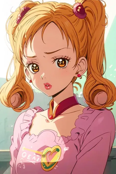 soft and warm color, movie still,bright, vivid,dreamy, evocative use of light and shadow, incredible beauty, anime style, vibrant, studio anime, beautiful, textural, ray tracing, absurdres, offical art, illustration, (((masterpiece))),(((best quality))),((ultra-detailed)), 1990s style, simple background, white background, 1girl, (ikako_Kouda), mature female, looks at the viewer, baby bangs, eyelashes, pouty lips, blonde hair, brown eyes, curly hair, earrings, hairclip, heart hair ornament, red lips, makeup, smile, solo, twintails,