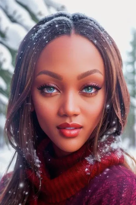 photo of <lora:tyrabanks-07:0.7>, tyrabanks, a woman, ((outdoors, forest, snow):1.2), ((urtleneck sweater):1.1), ((closeup, portrait):1.1) ((red lips, eye shadow, eyeliner):1.1), ((beautiful eyes, detailed eyes, detailed face):1.2)(intricate details) (8k) (HDR) (cinematic lighting) (sharp focus), closeup
