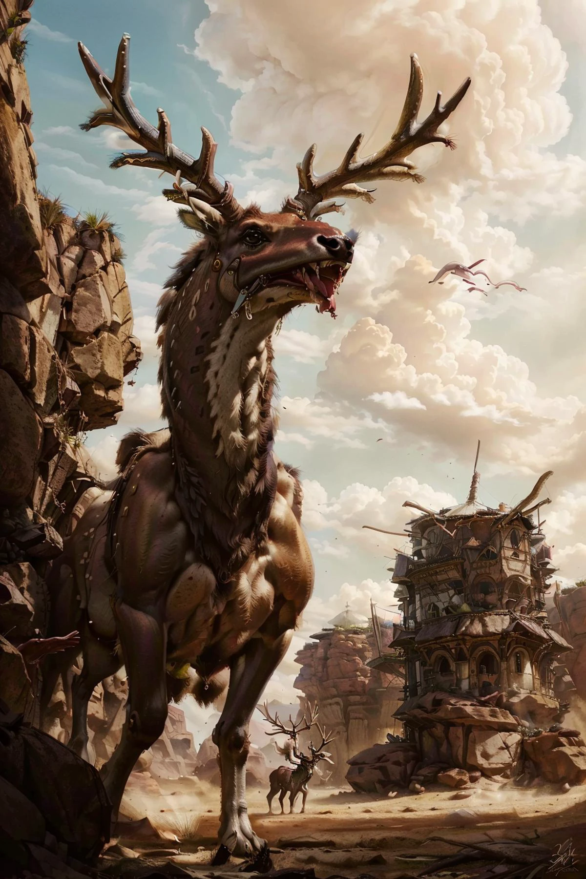 (masterpiece, best quality, hyperrealistic:1.3), ultra high resolution, concept art, (1alien stag:1.4) with giant stag antlers, solo, four legged, (cossak war mounts:1.2), ornemental saddlery and bridon, (run in russian steppe:1.2) <lora:Abiogenesis_v1:0.9><lora:Cossak:0.8><lora:Concept_scenery_background:0.4>