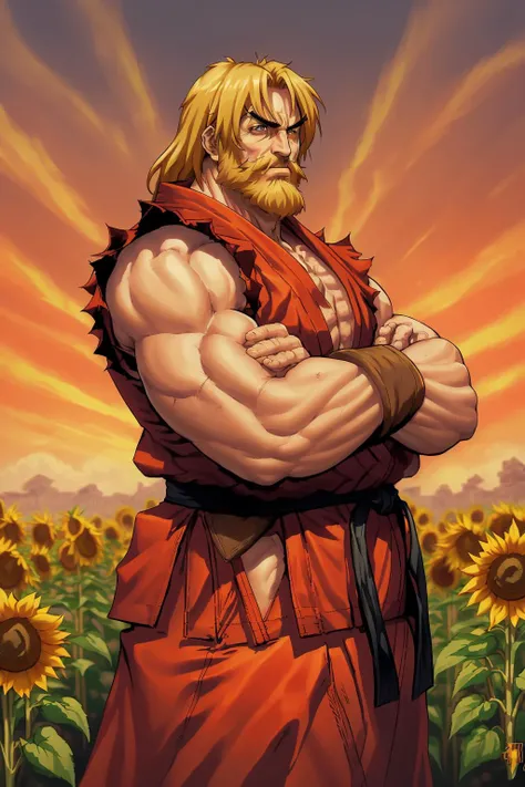 portrait of k3nm4sters, 1man, old man, beard, very long hair, red robe, Sunflower Field <lora:k3nm4sters_V0.02:0.8>