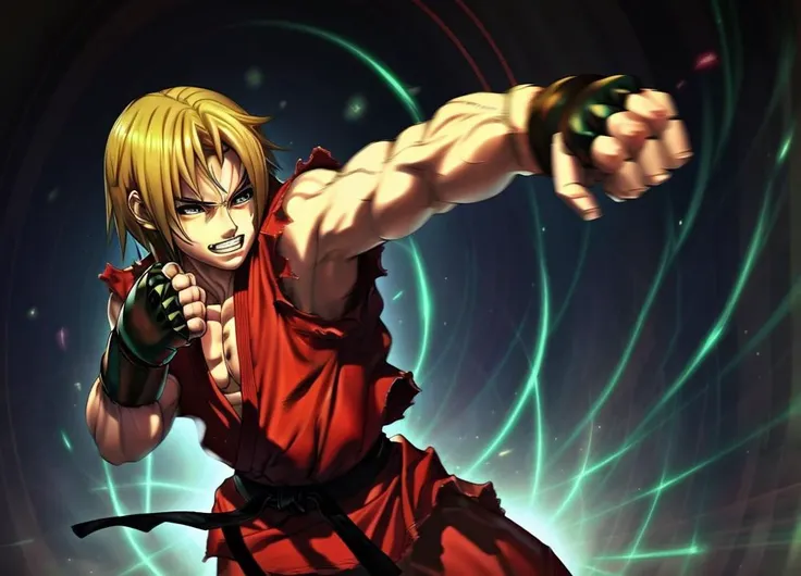 k3nm4sters, anime, red outfit, long hair, punching, motion blur <lora:k3nm4sters_V0.02:1>