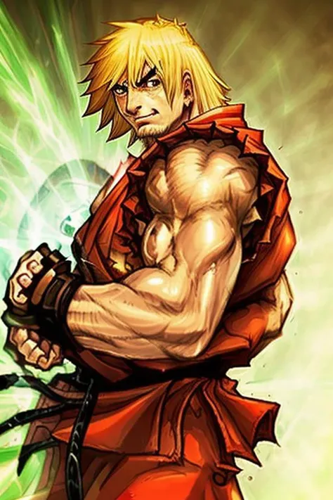 k3nm4sters, hadouken, RAW, high quality photo, realistic, old man with long beard, long hair, red outfit, looking at the camera, man with blonde hair <lora:k3nm4sters_V0.02:1>