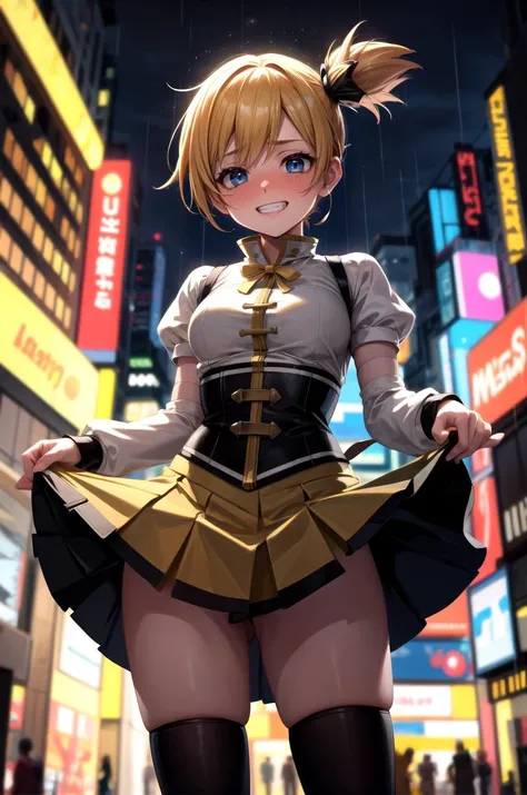 (masterpiece, best quality, detailed), 1girl, solo, misty_(pokemon), short hair, side ponytail, looking at viewer, blue eyes,
<lora:MadokaCostumePackV1_2:0.9> mami outfit, outdoors, cyberpunk, city, night, city lights, neon lights, car, rain, dark, science fiction, skirt lift, nose blush, grin, embarrassed