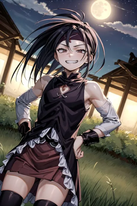 (masterpiece, best quality, detailed), 1boy, male focus, solo, outdoors, forest, nature, grass, tree, night, full moon,
cowboy shot, grin, hands on hips, looking at viewer, dutch angle, headband,
envy \(fma\), (kyouko outfit) <lora:MadokaCostumePackV1_2:1> <lora:more_details:0.3> <lora:envyFullmetal_v2:0.8>
